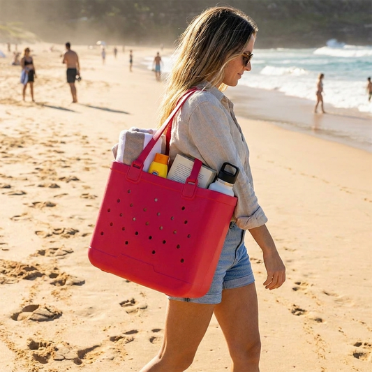 rose red beach tote bag lifestyle