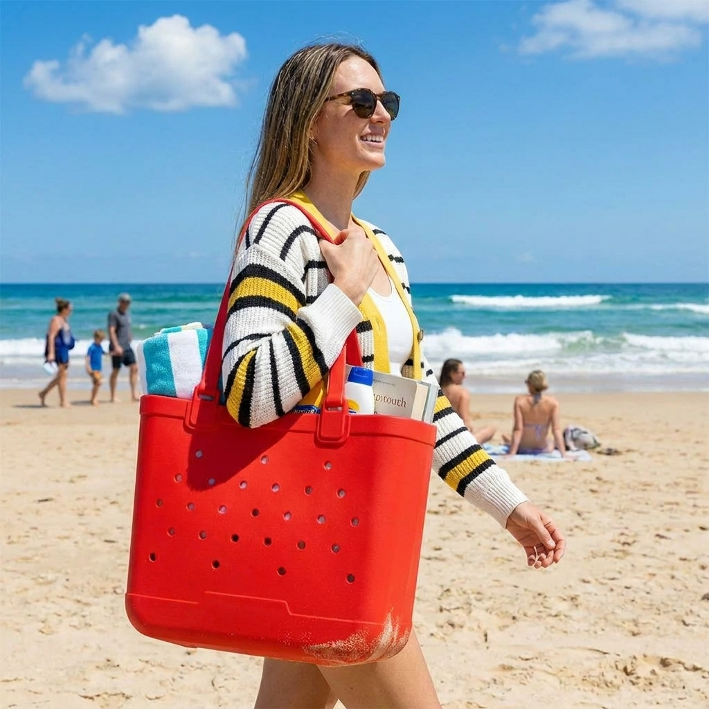 red beach tote bag lifestyle