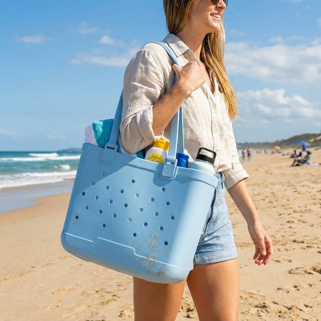 light blue beach tote bag lifestyle