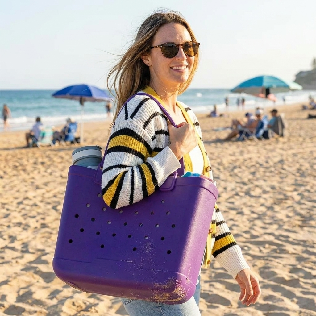 purple beach tote bag lifestyle
