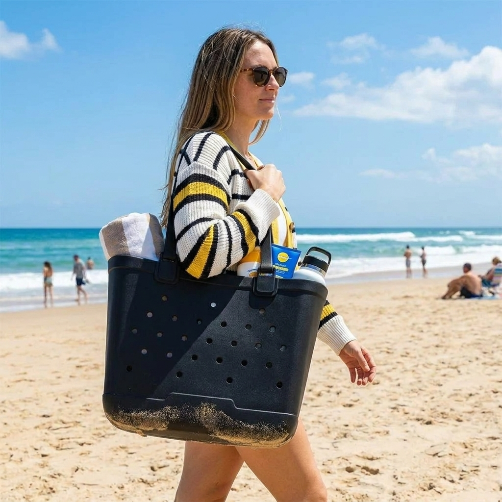 black beach tote bag lifestyle