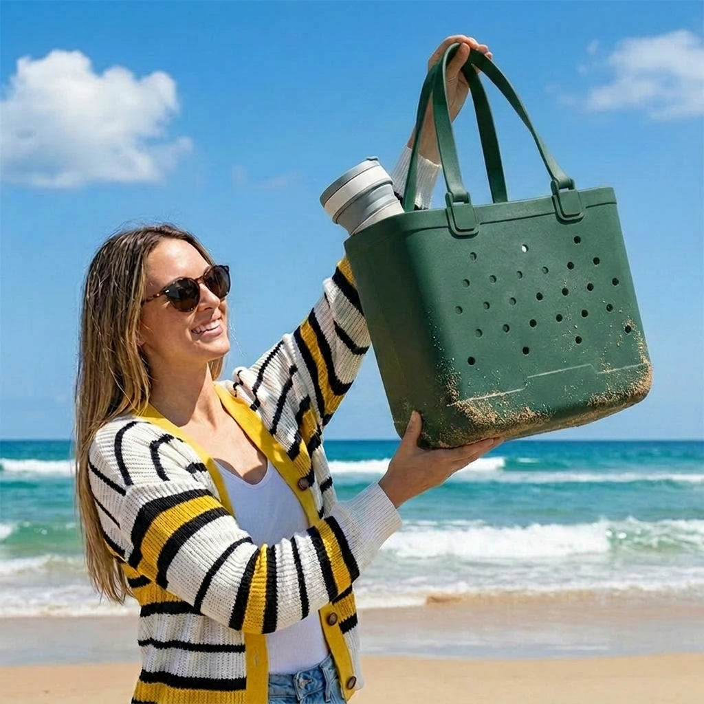 dark green beach tote bag lifestyle